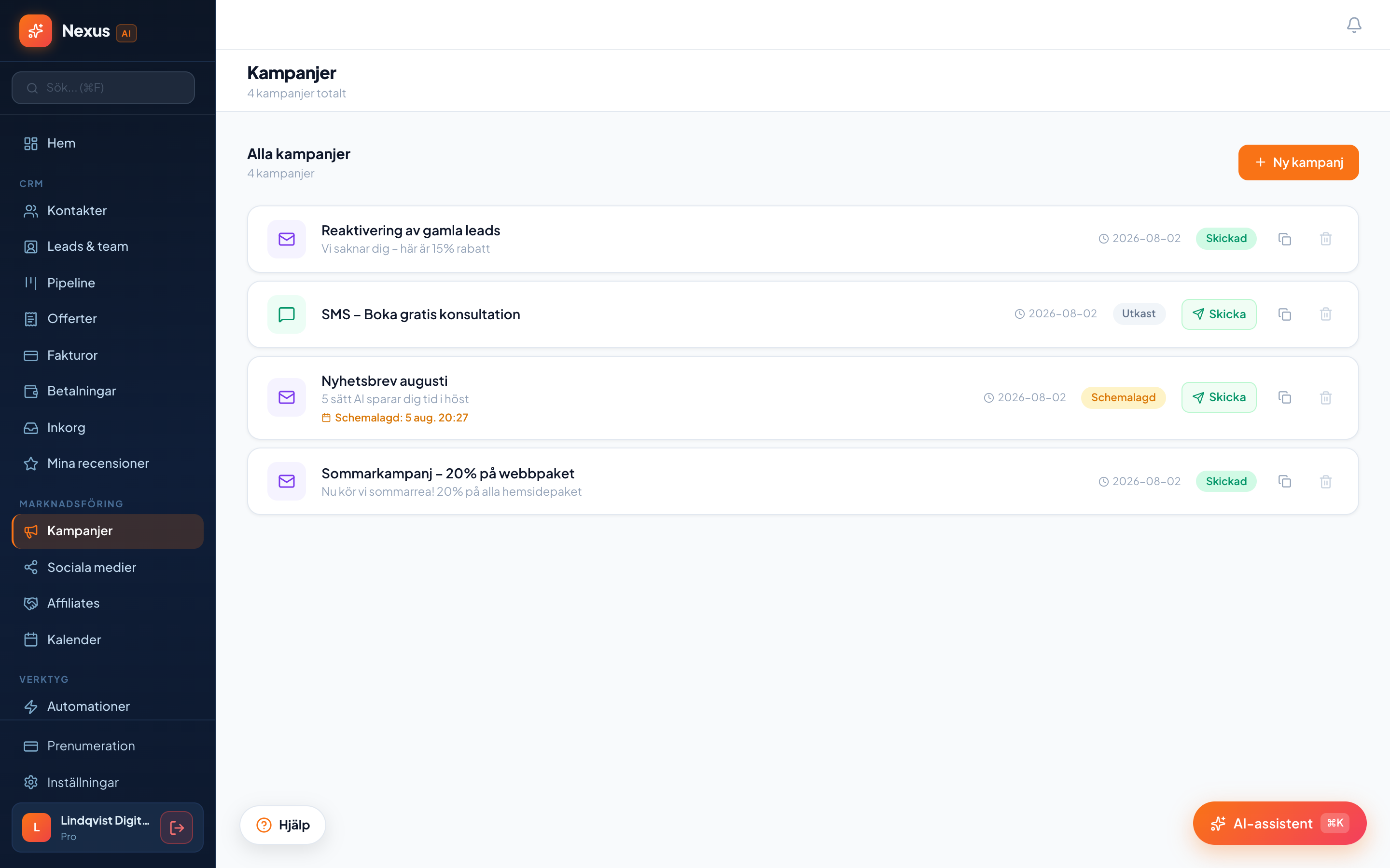 Kampanjer — e-post & SMS med AI-copy