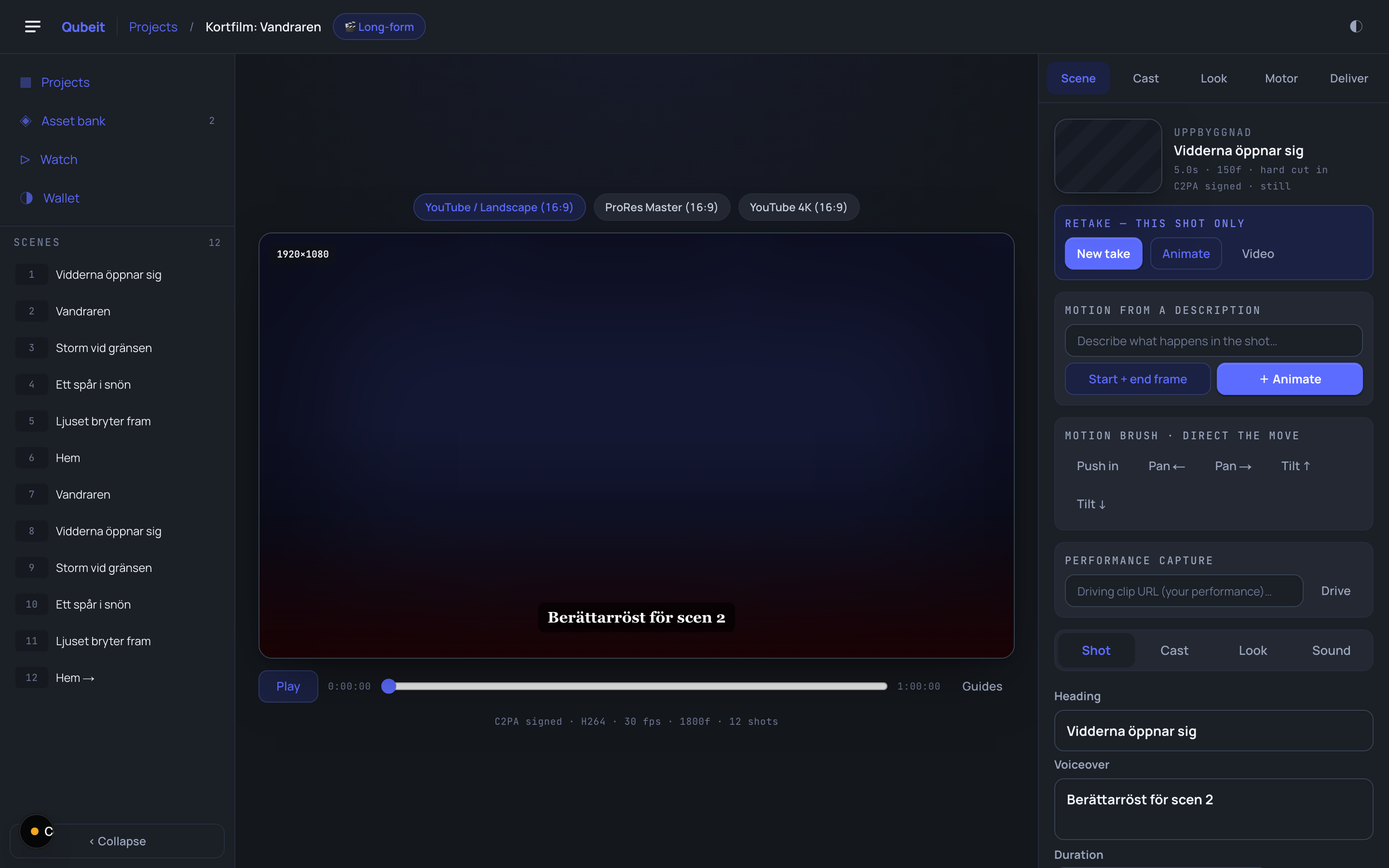 Studio-editorn — scenlista · preview + tidslinje · shot-inspector